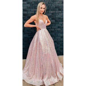 B.Smart  Sequin Spaghetti Strap Formal Gown Light Pink/Iridescent